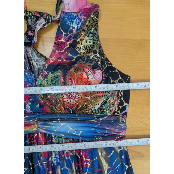 Miss California Multi Metallic Pattern Halter Slinky Maxi Dress Large C2 Resort - Picture 4 of 8